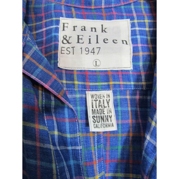 Frank & Eileen Barry Linen Blue Plaid Long Sleeve Button Down V Neck Shirt L EUC - Picture 5 of 5